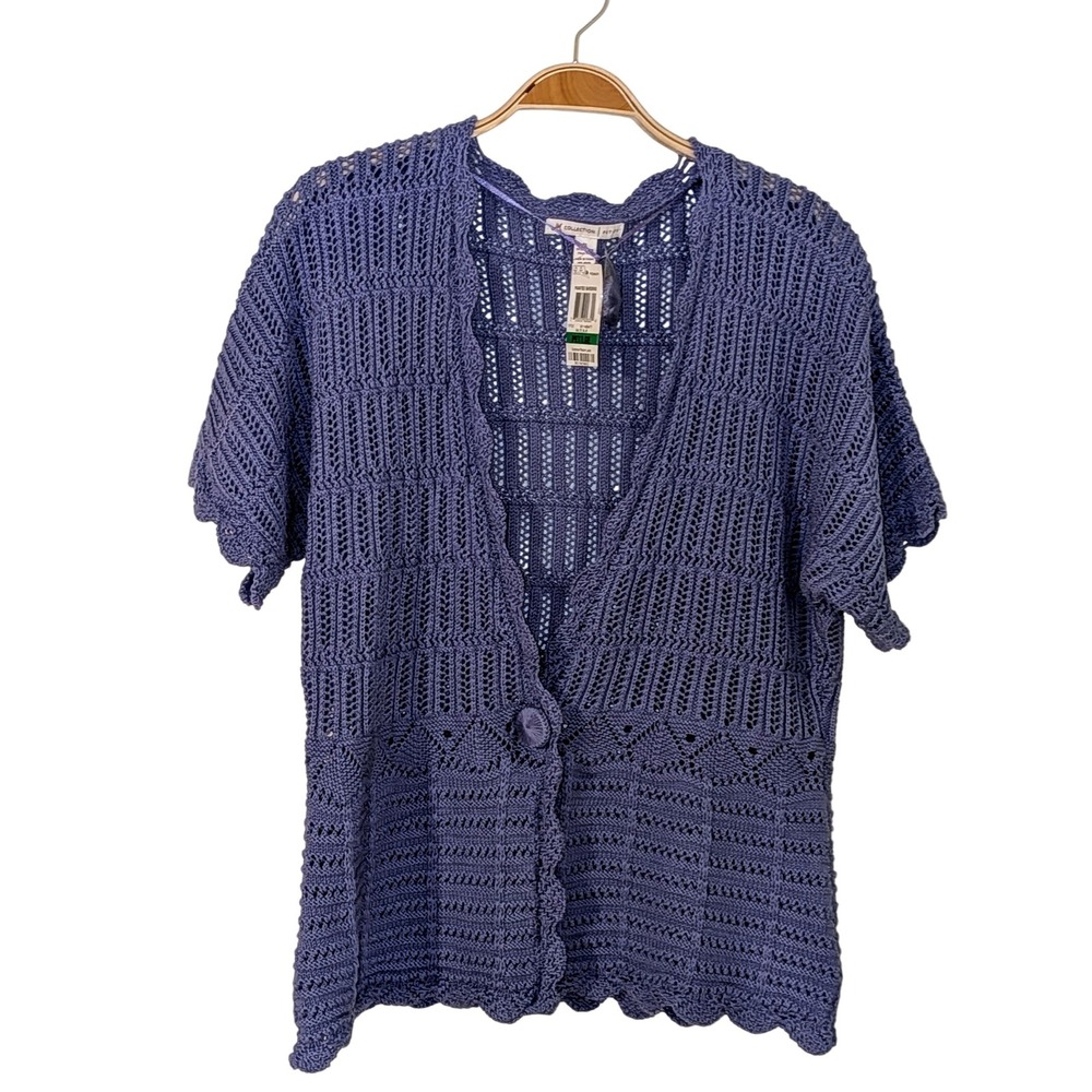 JM Collection‎ Painted Gardens Baltic Blue Crochet Button Front Cardigan PL NWT